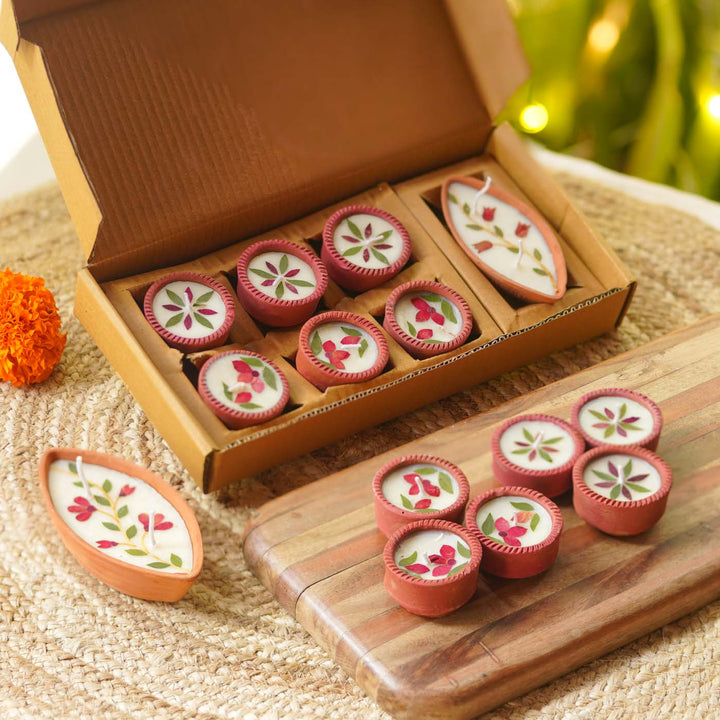 Set Of 14 | Handmade Soy Wax & Dry Flower Assorted Festive Diyas