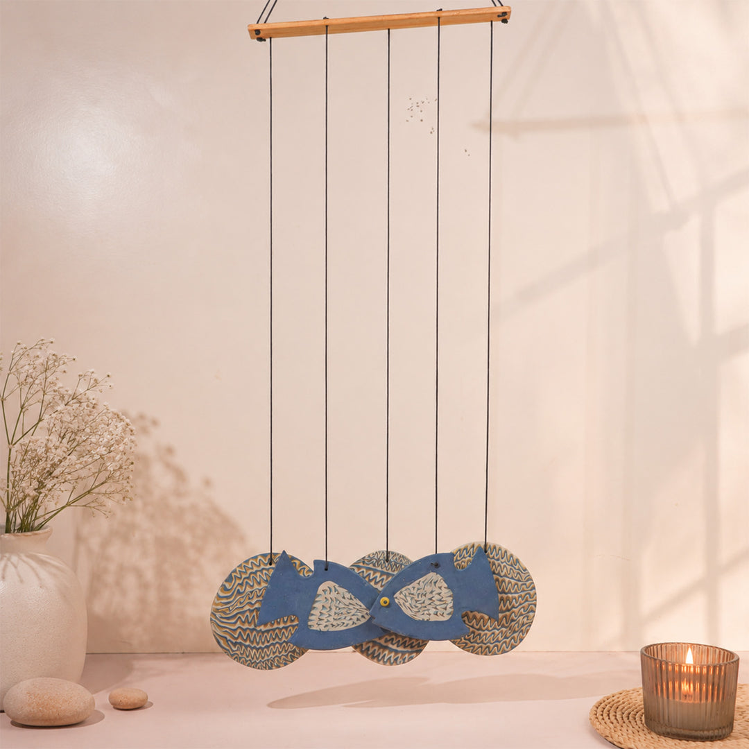 Handmade Nerikomi Ceramic Blue Fish Windchime