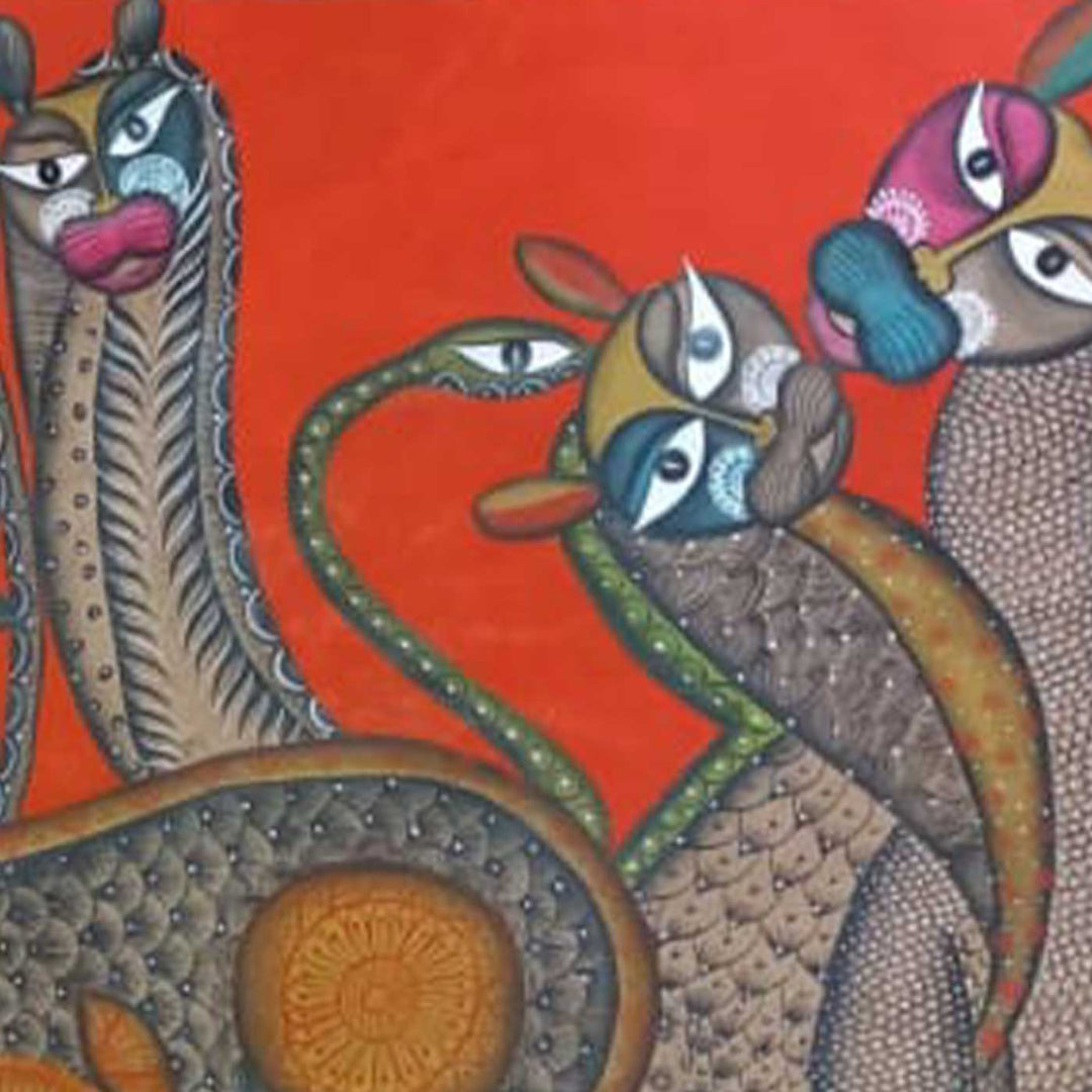 29 x 48 Inch | Cat Family | Original Hand Painted Kalighat Painting | Natural Pigment On Paper