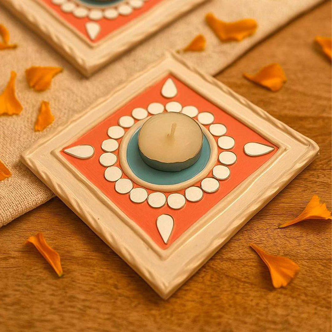Handmade Mirror Work Gulabi Lippan Clay Tealight Holder With Tealights | Set Of 2
