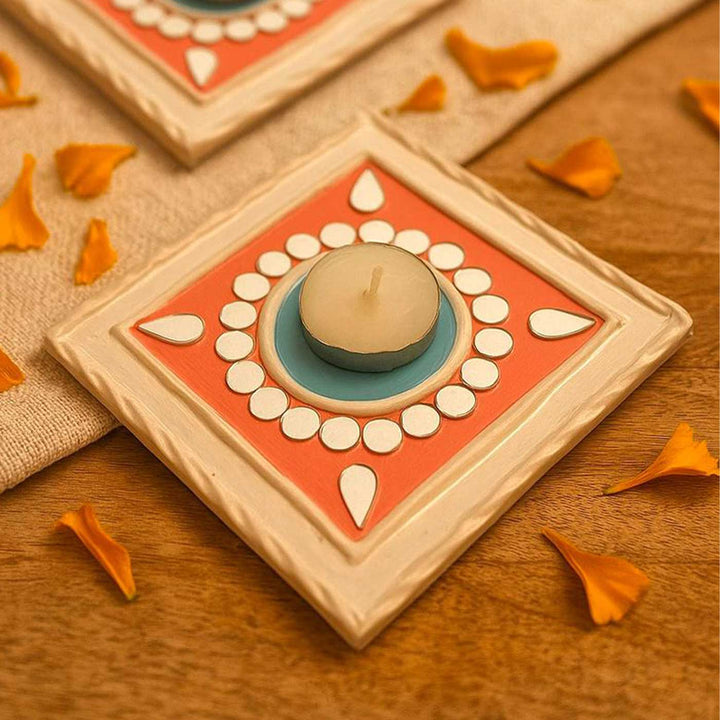 Handmade Mirror Work Gulabi Lippan Clay Tealight Holder With Tealights | Set Of 2