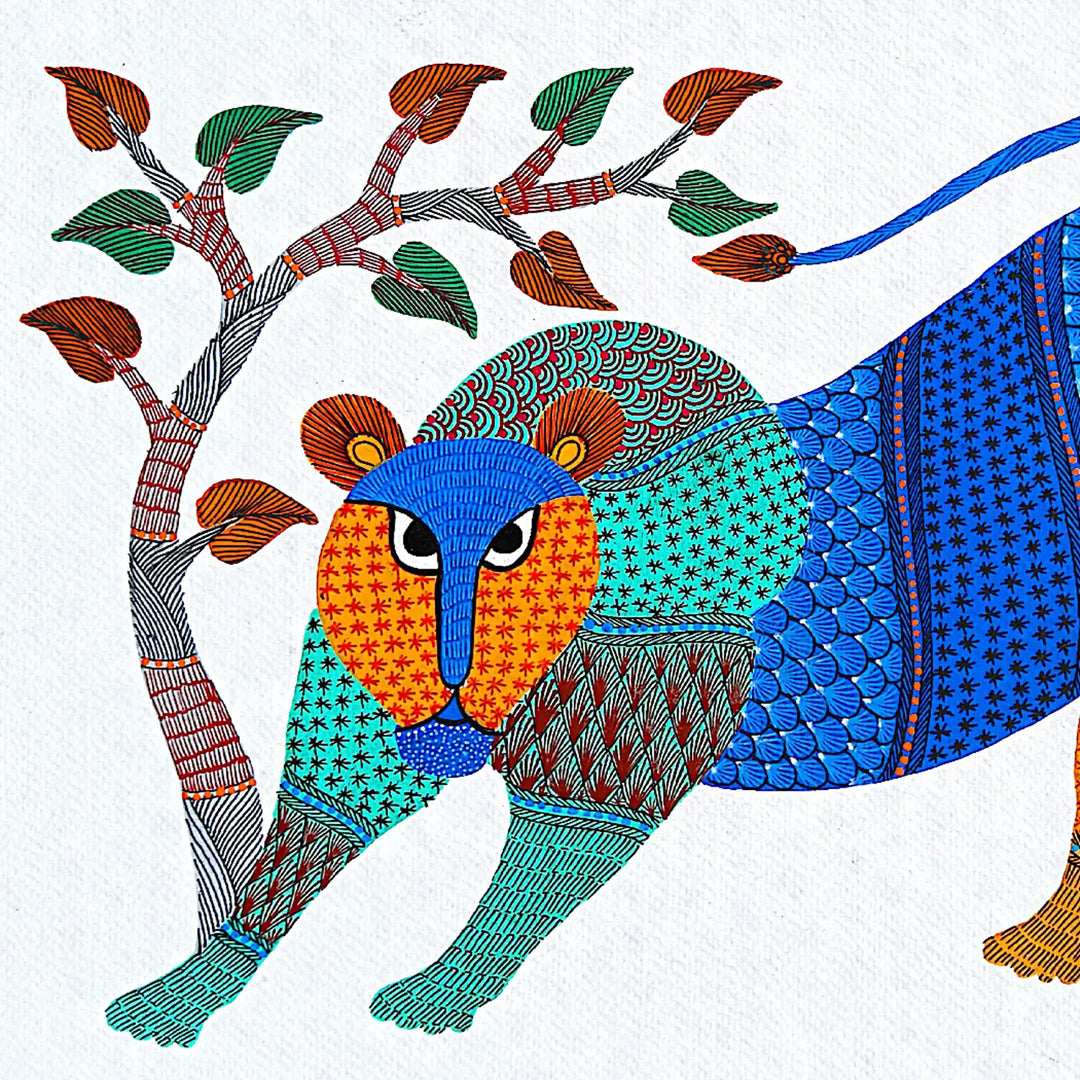 11 x15 Inch | Lion & Tree | Original Hand Painted Tribal Gond Art Painting | Acrylic Paints On Paper