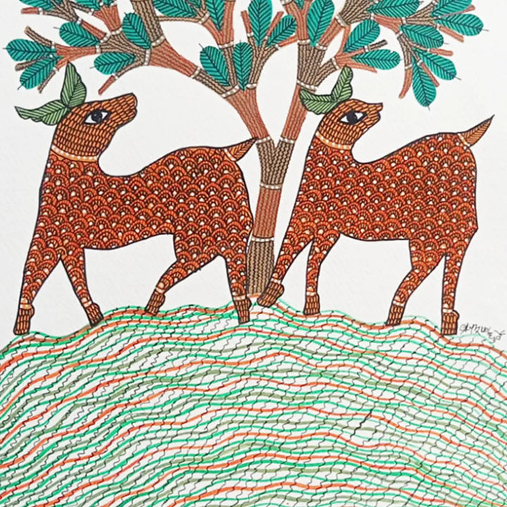 11 x 16 Inch | Nature & Wildlife | Original Hand Painted Tribal Gond Art Painting | Acrylic Paint On Paper
