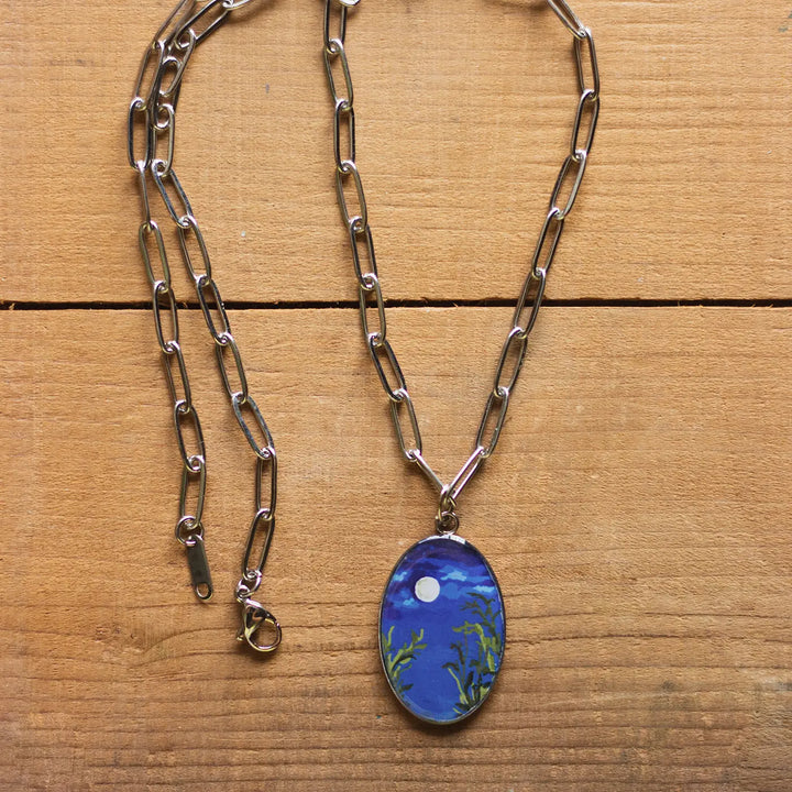 Illustrated Night Theme Moon Resin & Stainless Steel Necklace