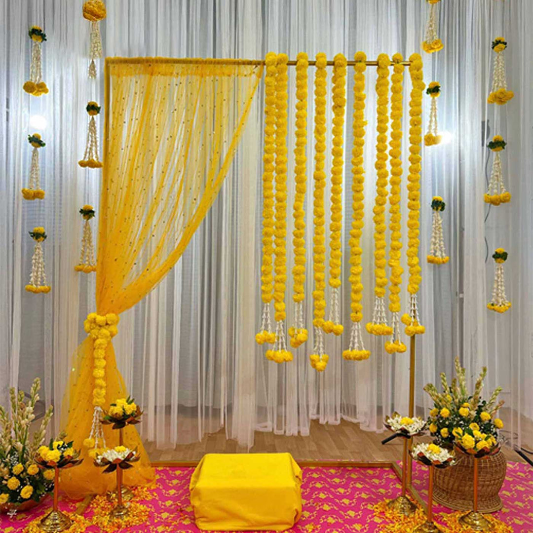 Yellow Marigold Garland Backdrop Decor Kit With Stand & Tissue Drape