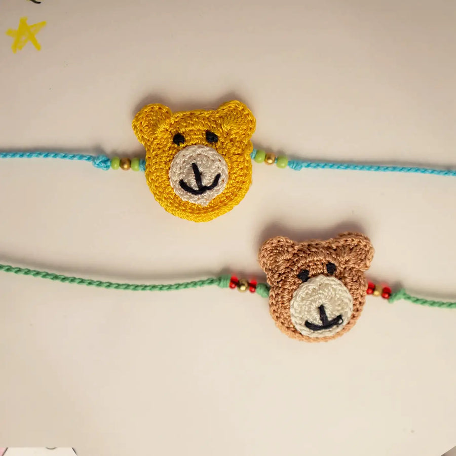 Handmade Crochet Bear Theme Kids Rakhi With Roli Chawal Set Of 2 - Front View