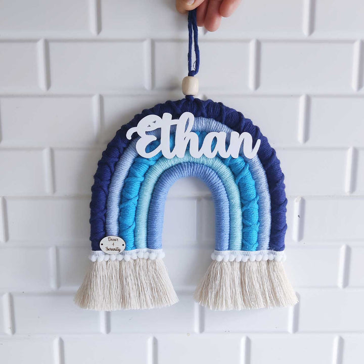 Personalized Handmade Macrame Blue Rainbow Kids Name Plate With 3D Letters