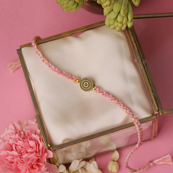 Handmade Golden Sansaar Charm Rakhi With Roli Chawal
