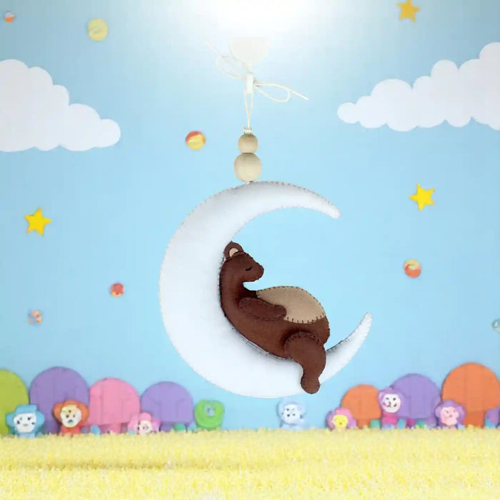 Handmade Sleepy Bear On Moon Felt Hanging For Kids
