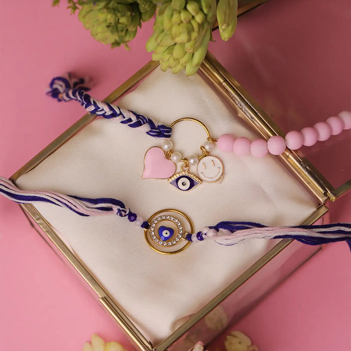 Handmade Evil Eye Charm Bhaiya Bhabhi Rakhi With Roli Chawal | Set Of 2