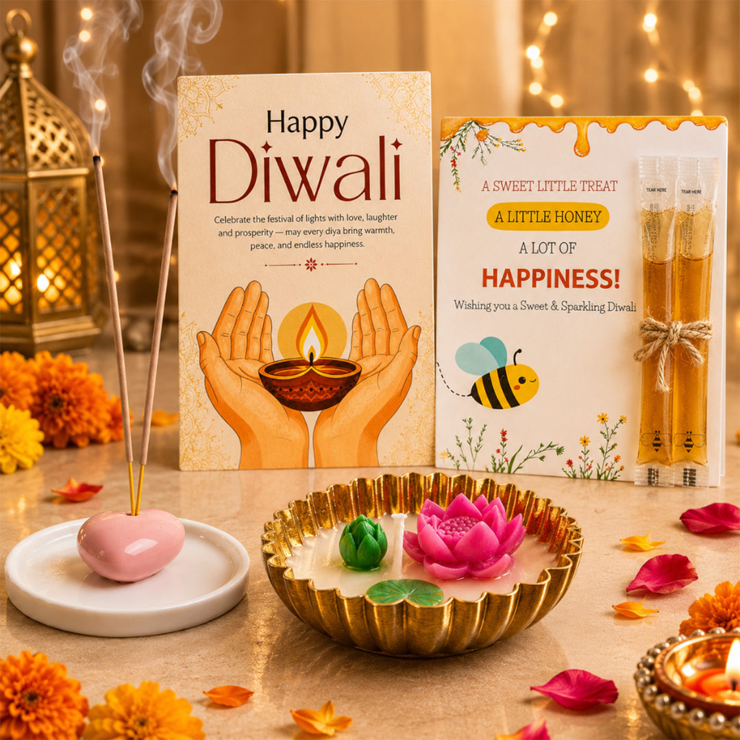 Shubh Aarambh Diwali Gift Hamper With Agarbatti Stand, Small Urli Soy Wax Candle And Shubh Labh Charan For Festive Gifting