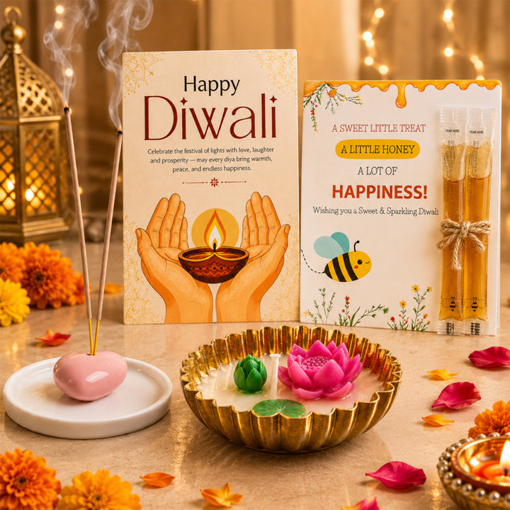 Shubh Aarambh Diwali Gift Hamper With Agarbatti Stand, Small Urli Soy Wax Candle And Shubh Labh Charan For Festive Gifting