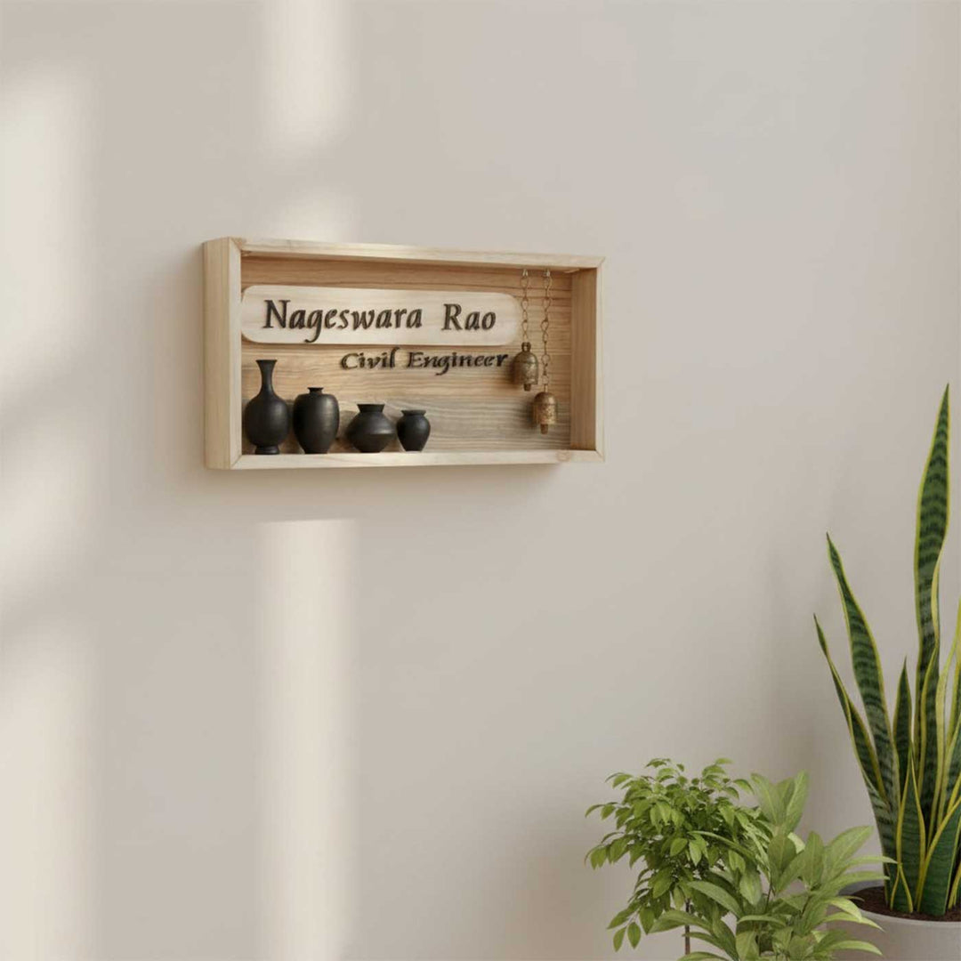 Handcrafted Personalized Shadowbox Pinewood Name Plate With Mini Pots & Copper Bells For Home