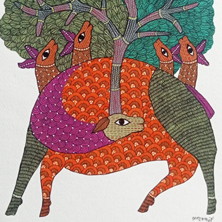 11 x 16 Inch | Deer & Tree of Life | Original Hand Painted Tribal Gond Art Painting | Acrylic Paint On Paper