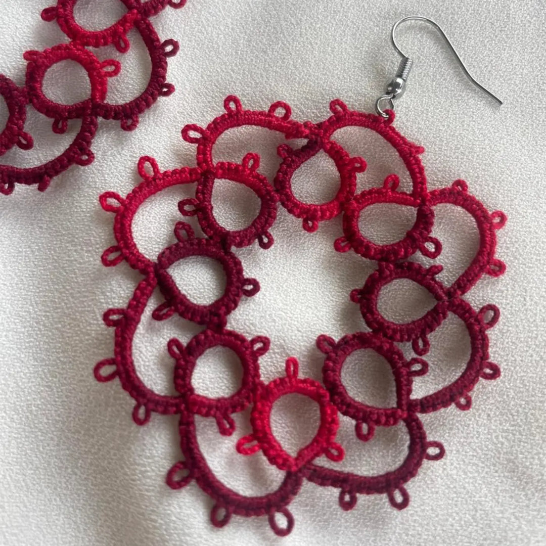 Handmade Tatting Burgundy Two-Tone Floral Cotton Lace Earrings