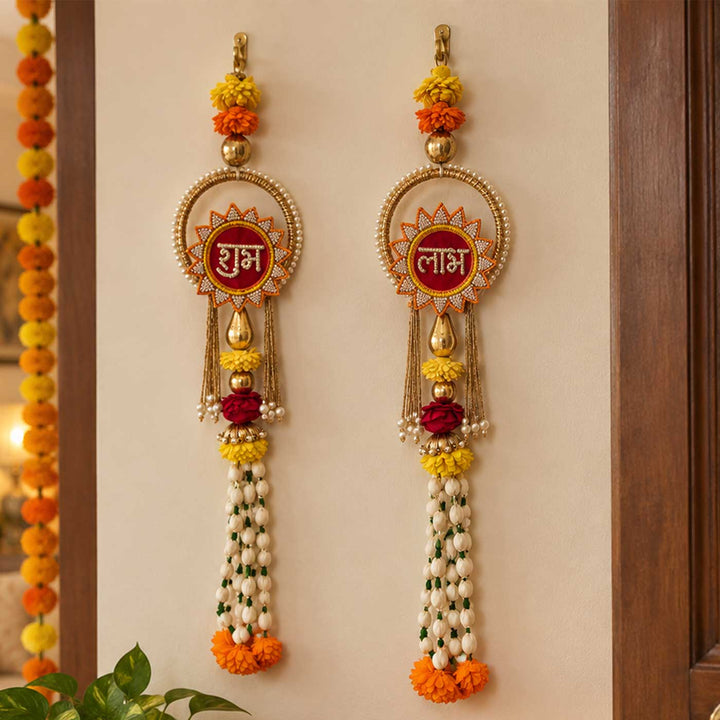2 Pc | Handmade Shubh Labh Sola Wood Flower Wall Hangings With Pearl Ring & Jasmine Bud Strands