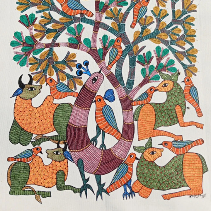 24 x 36 Inch | Tree of Coexistence | Original Hand Painted Tribal Gond Art Painting | Acrylic Paint On Canvas