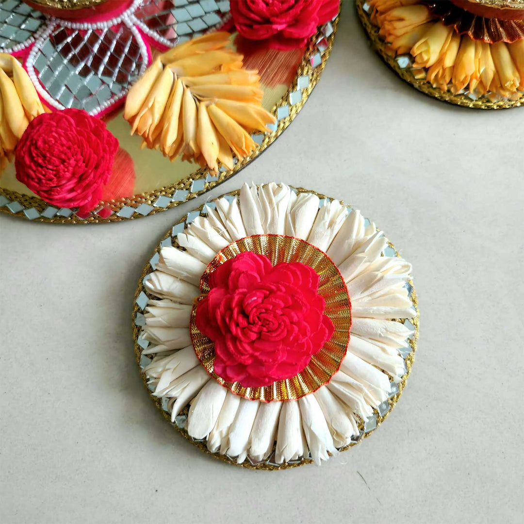 Handmade Sola Flowers With Diya Reusable Rangoli | 1 Center Piece, 3 Side Rangoli Piece And 3 Side Diyas