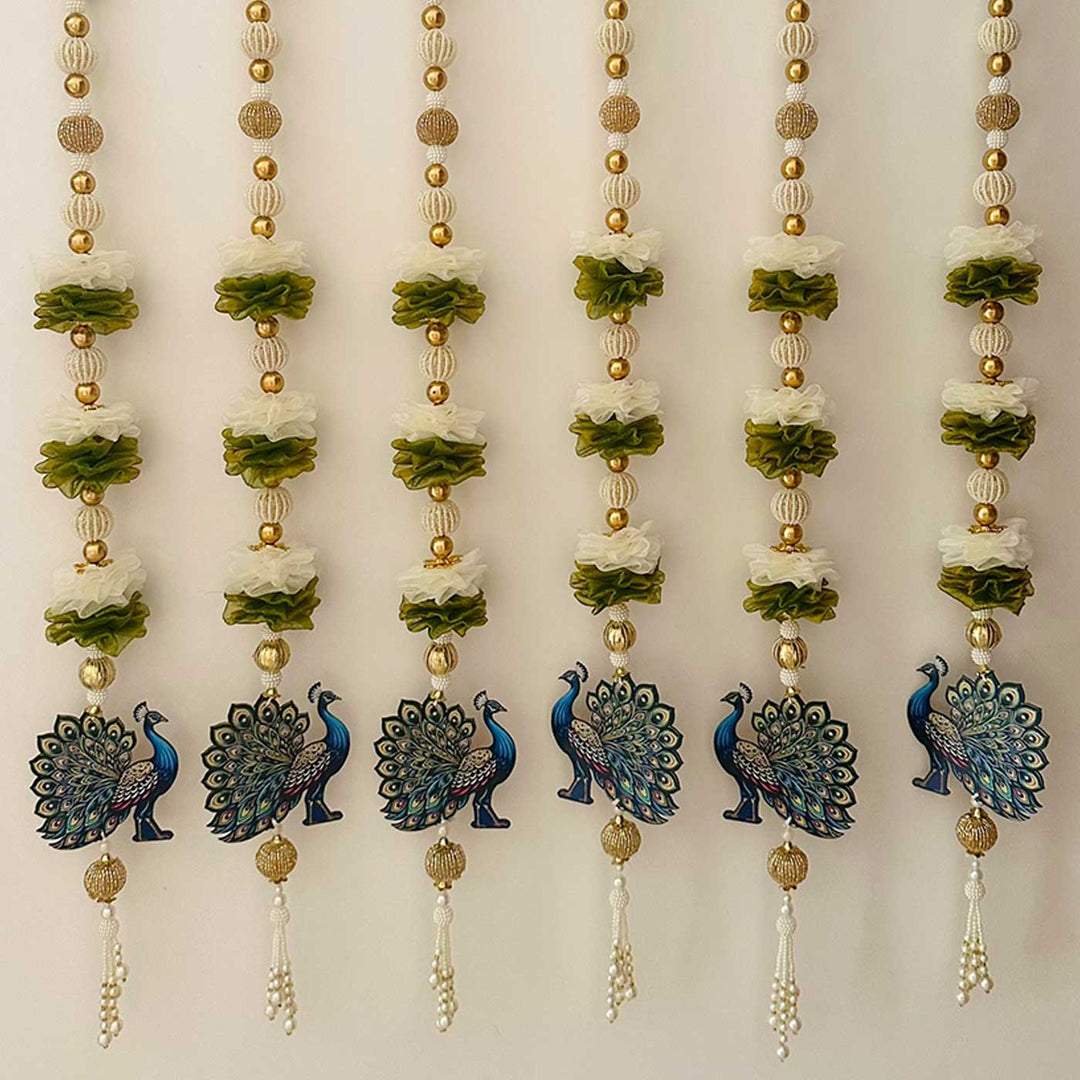 6 Pc | Handmade White & Green Peacock Hangings with Tissue Fabric Flowers & Moti Beads
