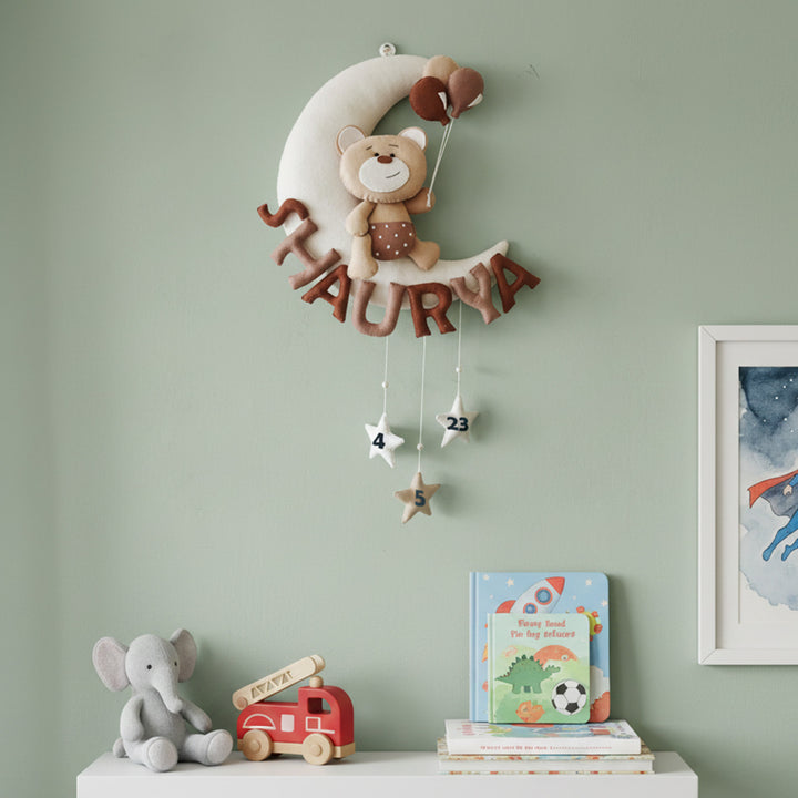 Hand-stitched Teddy Themed Felt Moon Nameplate with Birthdate For Kids