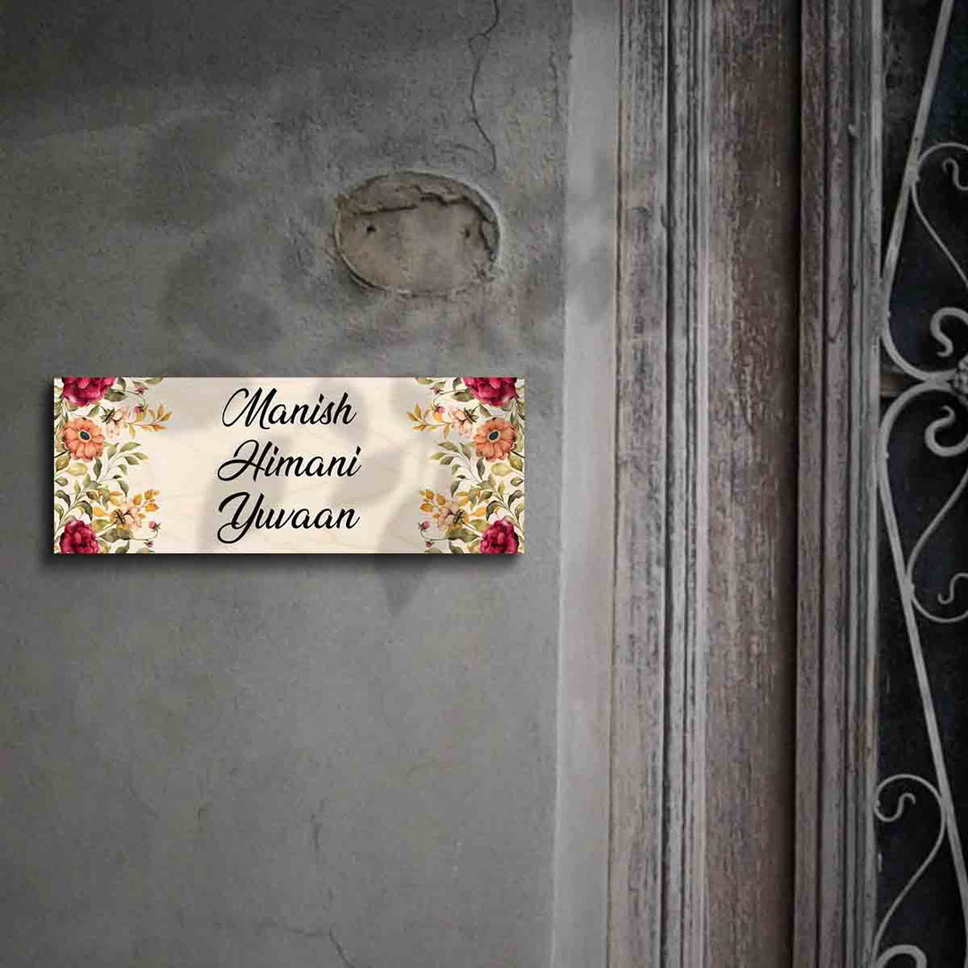 Printed Floral Wooden Rectangle Nameplate For Couples