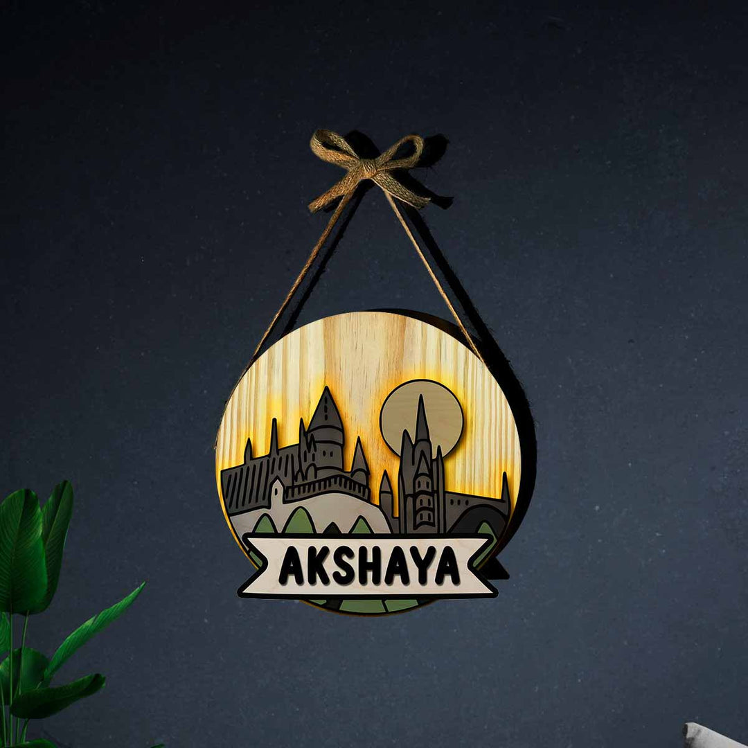 Kids Circular 3D Hogwarts Themed Nameplate With Lights - Hanging from Decorative Ribbon