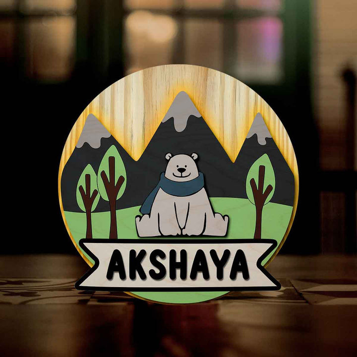 Kids Circular 3D Bear Themed Nameplate With Lights - Front View with Name Personalization