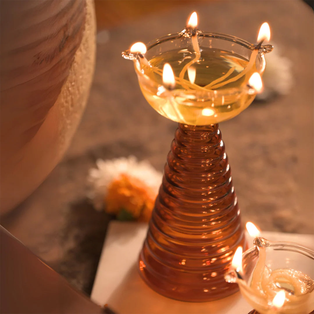 Handmade Amber Tall Borosil Glass Oil Lamp / Diya | 5.9 inch