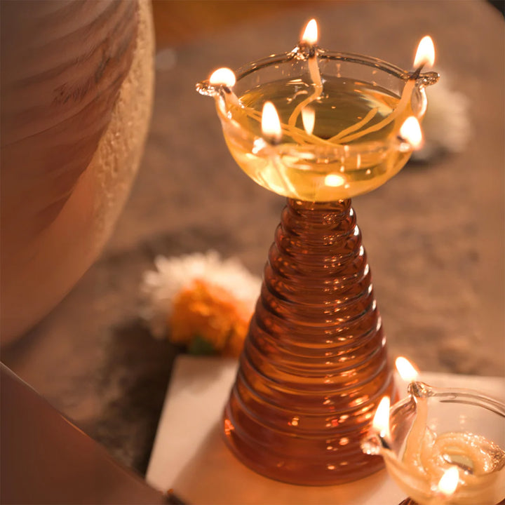 Handmade Amber Tall Borosil Glass Oil Lamp / Diya | 5.9 inch