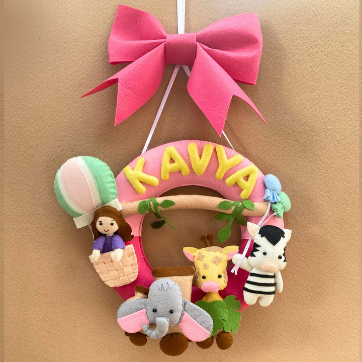 Personalized Kid's Jungle Themed Round Felt Nameplate for Girls