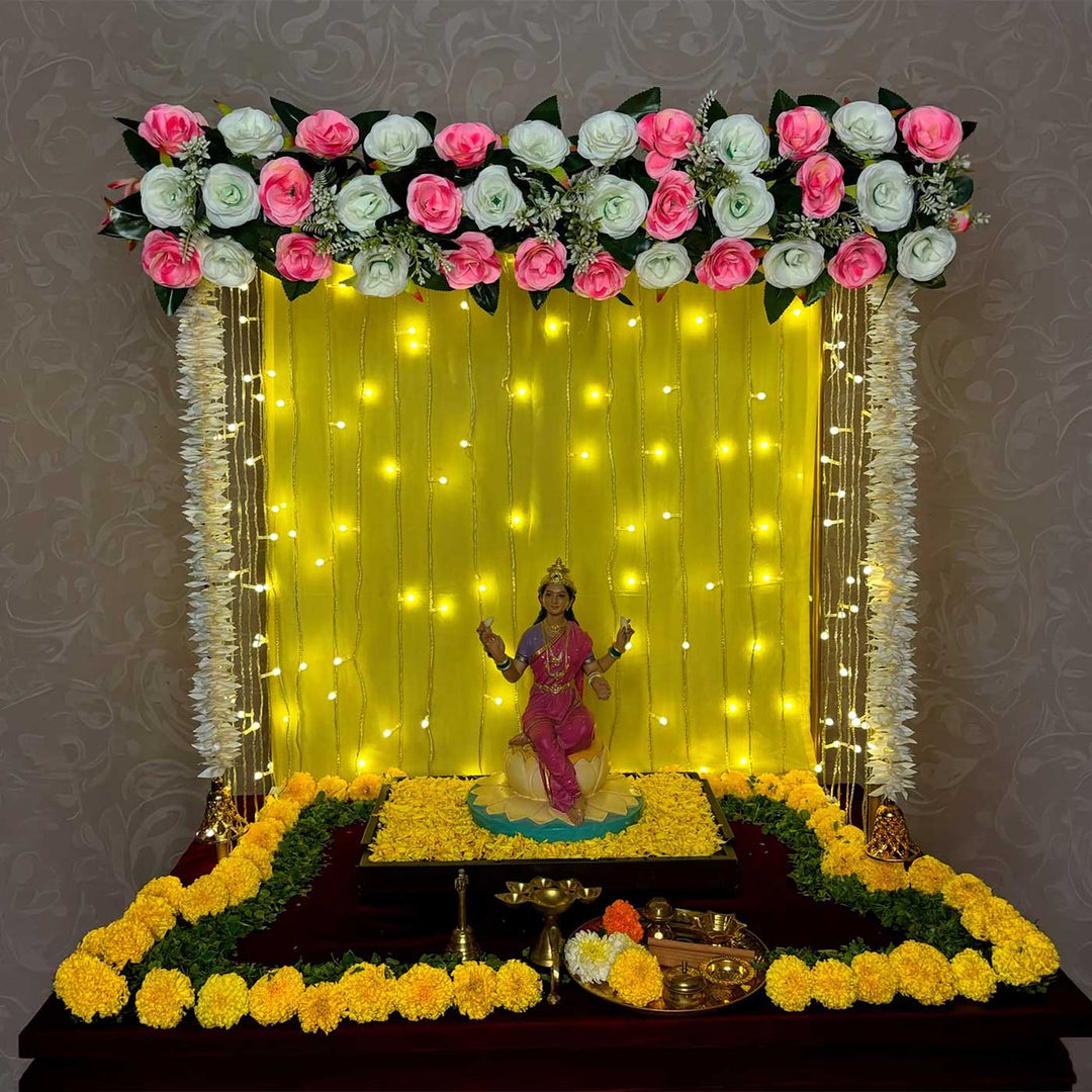 Royal Mandap Backdrop Decor Kit With Artificial Floral Panel, Bell Garlands & Fairy Lights