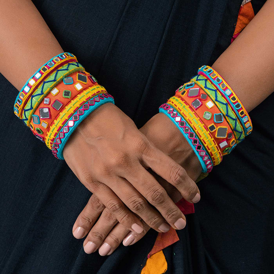 Multicolour Handcrafted Anusha Mirror Embriodery Bangles | Set of 10