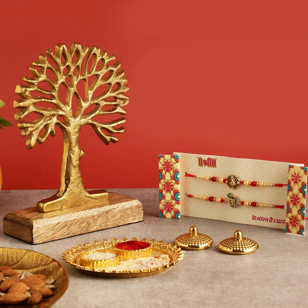 Handmade Festive Rakhi Hamper | Includes 1 Tree Of Life Table Decor, 1 Ganesha Rakhi, 1 Om Rakhi, 1 Roli Chawal