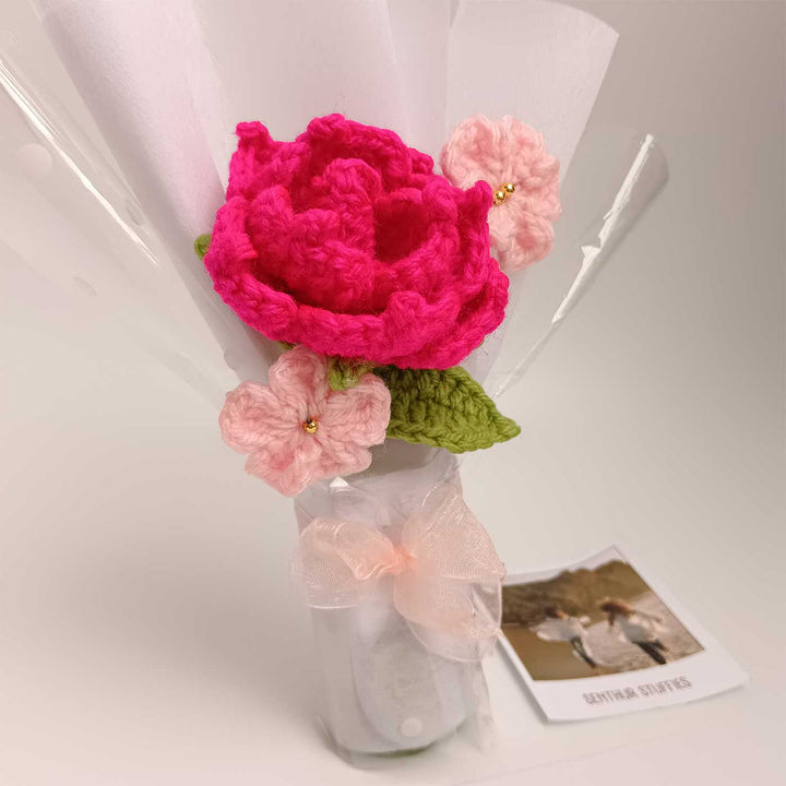 Handmade Crochet Pink Rose Mini Flower Bouquet | Includes Photo & Greeting Card