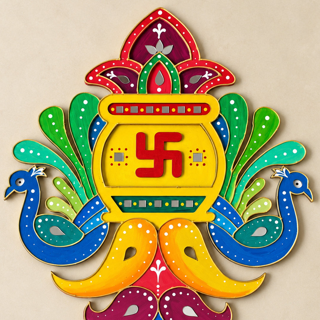 Hand-Painted Shubh Labh Peacock Decorative Rangoli With Mirror Work For Festive Decor