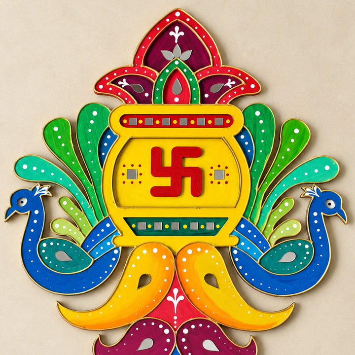 Hand-Painted Shubh Labh Peacock Decorative Rangoli With Mirror Work For Festive Decor