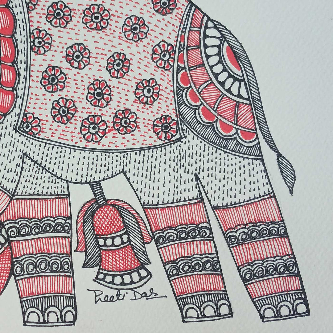 11 x 8 Inch | Red Elephant | Original Hand Painted Madhubani Painting | Acrylic Paints On Paper