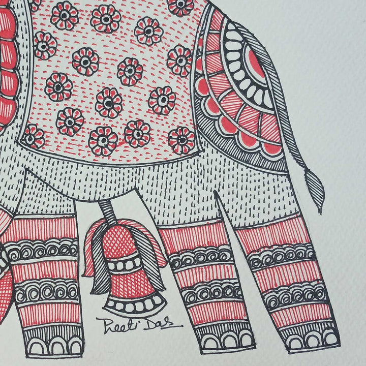 11 x 8 Inch | Red Elephant | Original Hand Painted Madhubani Painting | Acrylic Paints On Paper
