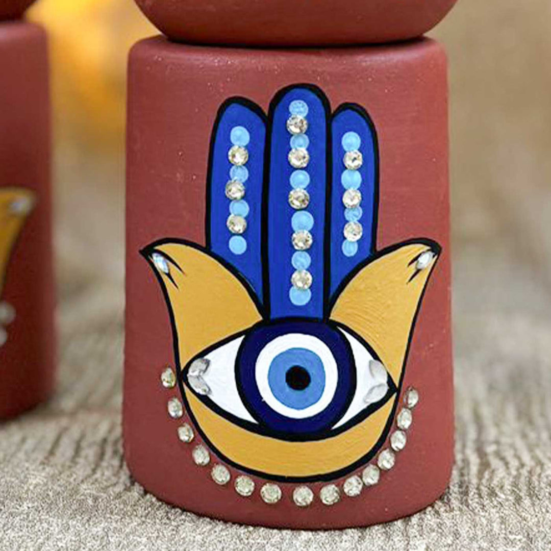 Hand-Painted Evil Eye Hamsa Hand Design Terracotta Tealight Holder | Set Of 2
