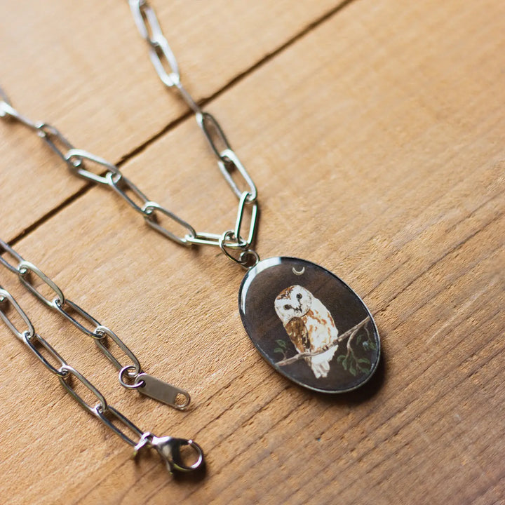 Illustrated Night Theme Owl Design Resin & Stainless Steel Necklace