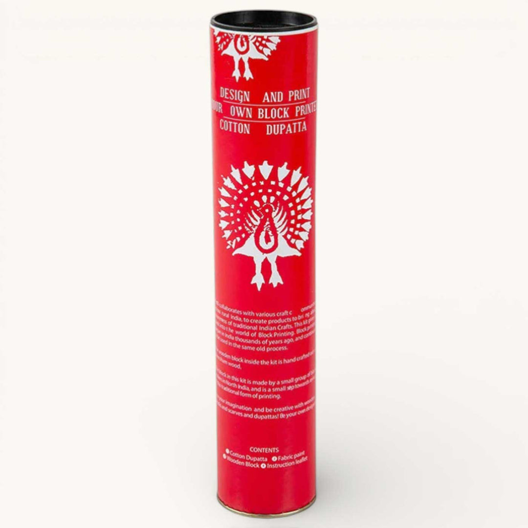 Red Peacock Dupatta Block Print DIY Kit | Includes 1 White cotton dupatta, 1 Fabric paint, 1 Wooden block And 1 Sponge