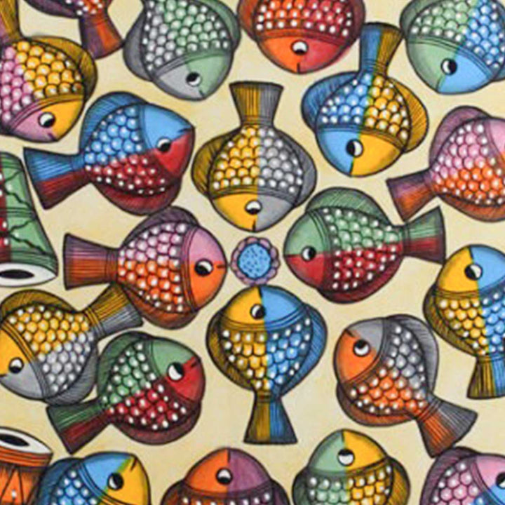 26 x18 Inch | School Of Colorful Fish | Original Hand Painted Kalighat Painting | Natural Colors On Paper