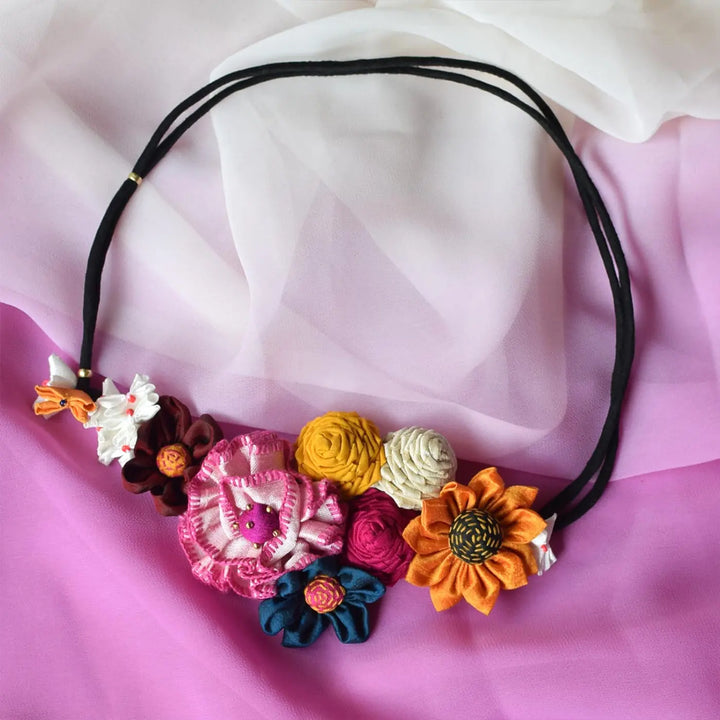 Handmade Textile Art Flowers & Dori Dupion Silk Fabric Necklace
