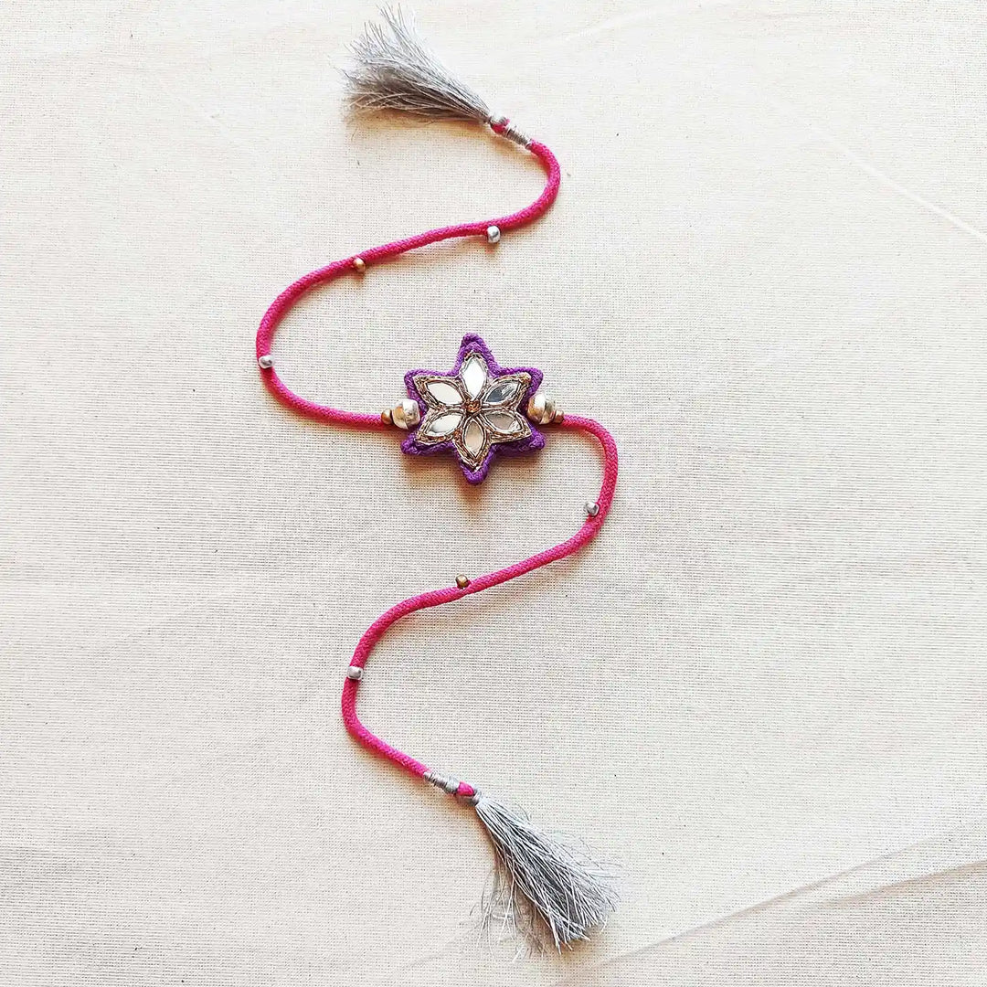 Handmade Mirror Work Flower Rakhi With Roli Chawal - Full Length View (12)