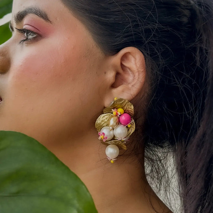 Hand Embroidered Beaded Gold Metal Embellishments Cotton Earrings
