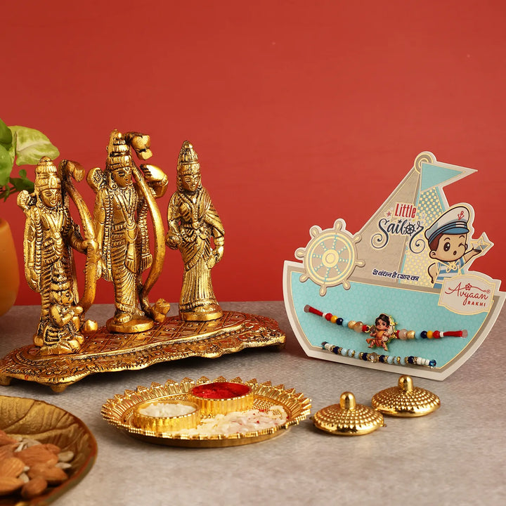 Handmade Shri Ram Rakhi Hamper | Includes 1 Ramdarbar Idol, 2 Rakhis, 1 Roli Chawal