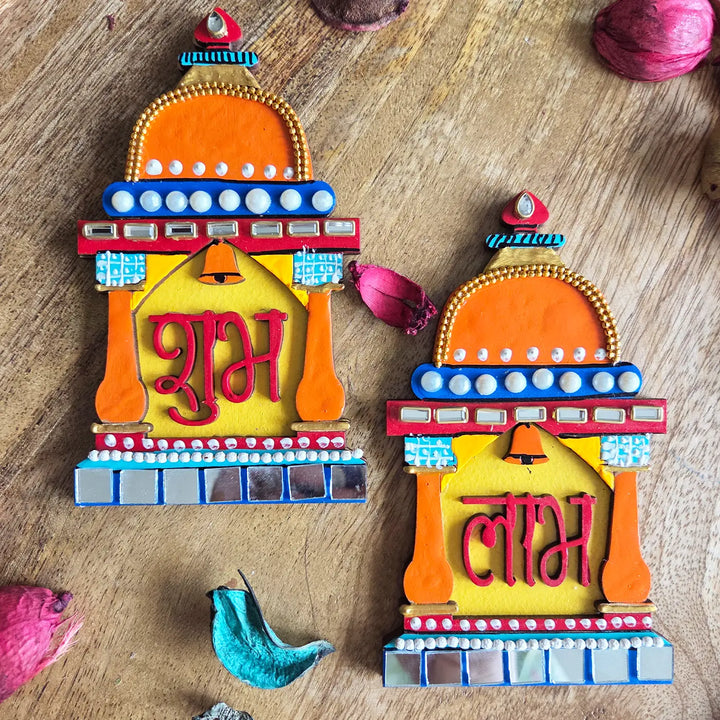 Hand-Painted Beaded Temple Theme MDF Wood Shubh Labh Hangings | Set Of 2