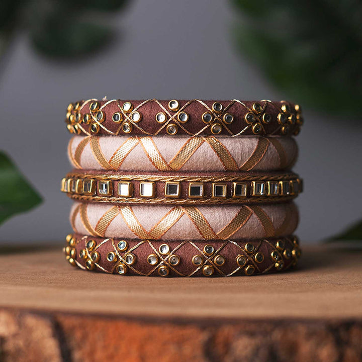 Brown & Lilac Handcrafted Kundan Bangles | Set of 5