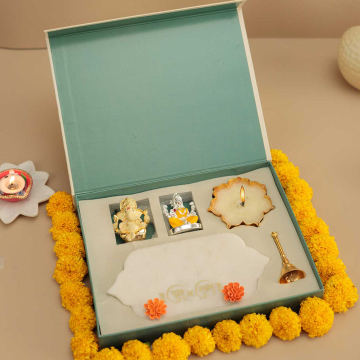 Handmade Aaradhya Gift Hamper | Includes 1 Ganesh, 1 Lakshmi, 1 Shubh Labh, 1 Bell, 1 Candle, 1 Card And 1 Box