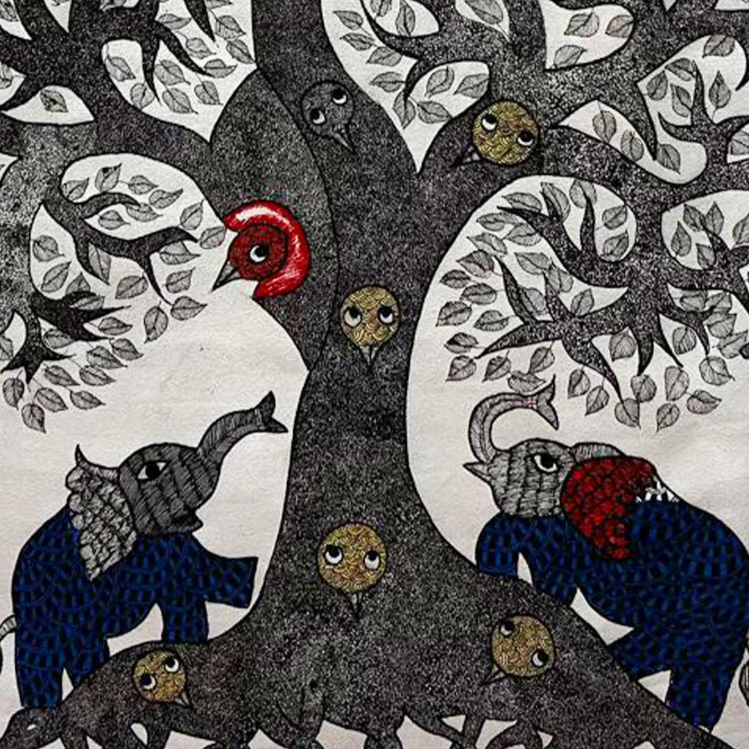 24 x 36 Inch | Elephant & Tree | Original Hand Painted Tribal Gond Art Painting | Acrylic Paints On Paper